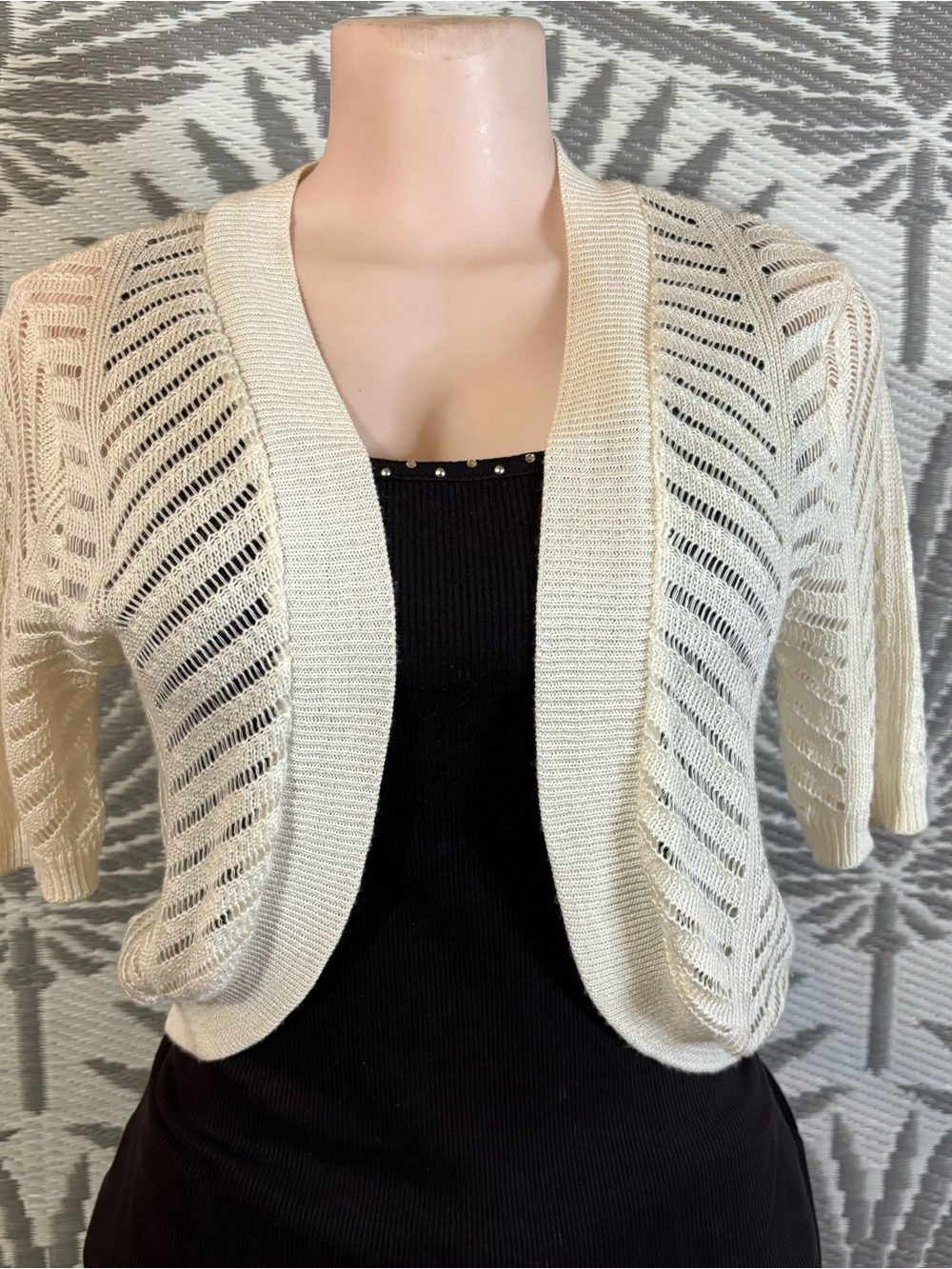 Vtg Y2K Open Knit Shrug Cardigan Cream Cottagecore Crochet Bolero Women’s Sz S